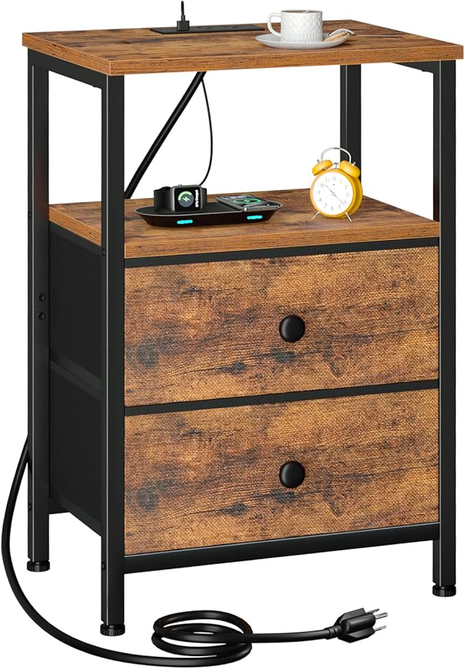 LOAKEKEL Night Stand with Charging Station, Small Bedside Table with 2 Fabric Drawers, Nightstand with USB Ports & Outlets for Bedroom, Brown, HETS020BR-1 by LOAKEKEL