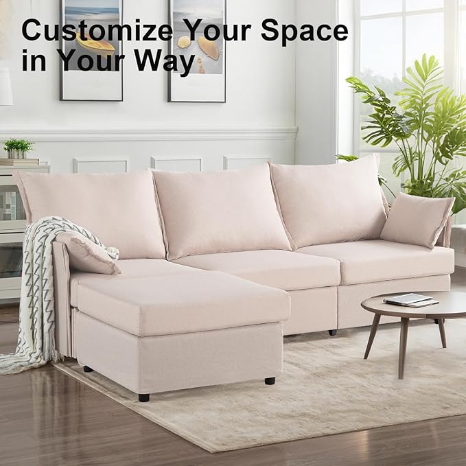 93.7” Sectional Sofa with Movable Ottoman, 3 Seaters L Shaped Couch Modular Sofa Bed with 2 Armrest Pillows, Small Sectional Couch for Living Room Bedroom Small Space Furniture, Beige
