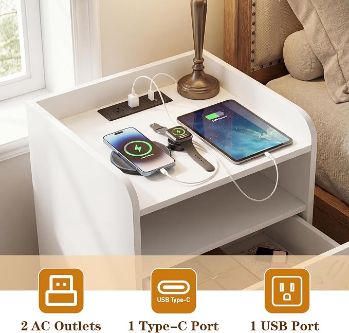 Set of 2 White Nightstands with Charging Station, Modern Bedside Table with Outlets & USB Ports, Small End Table with Drawer Storage for Bedroom Small Space, 17.7 W - Image 3