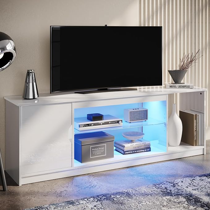 Bestier 57" Gloss White TV Stand for 65" TVs - Modern Gaming Console Unit with Glass Shelves, PS5/Xbox Cabinet, Adjustable Height Entertainment Center for Bedroom & Living Room - Image 3