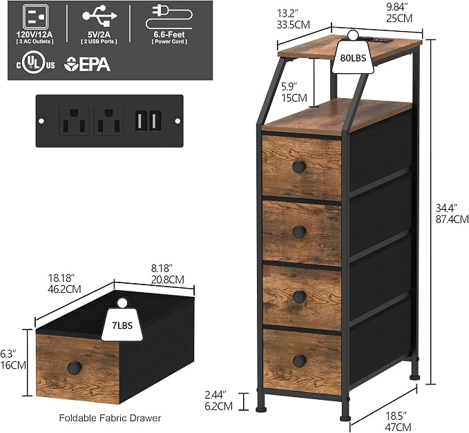 Tohomeor Narrow Dresser Tall Skinny Storage Tower Vertical Slim Chest of Drawers with Charging Station Small Nightstand Side Table for Bedroom, Bathroom, Small Spaces (Rustic Brown, 4 Drawers) - Image 3