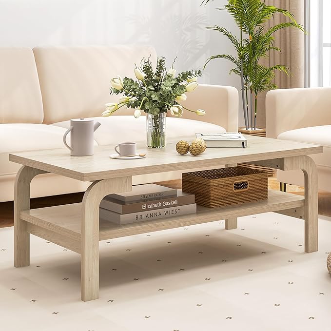 Giantex 2-Tier Coffee Table with Storage, 47” Mid Century Rectangle Accent Table with Open Shelf, Large Tabletop & Curved Legs, Rustic Style Wood Cocktail, Center Table for Living Room, Natural
