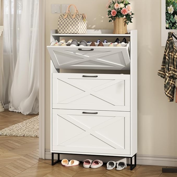 Maupvit Shoe Storage Cabinet with 3 Flip Drawers, Freestanding Organizer with Metal Legs for Entryway, Narrow Shoe Rack Cabinet, White by MaupvitFurniture