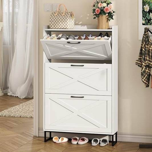 Maupvit Shoe Storage Cabinet with 3 Flip Drawers, Freestanding Organizer with Metal Legs for Entryway, Narrow Shoe Rack Cabinet, White by MaupvitFurniture