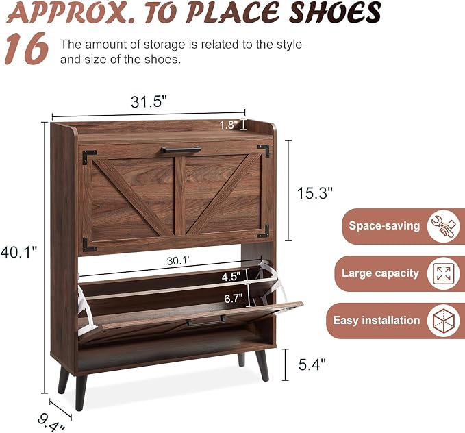 Barnyatoh Shoe Storage Cabinet with 2 Flip Drawers, Farmhouse Hidden Shoe Organizer, Narrow Slim Shoe Rack Cabinet for Entryway Hallway,Walnut - Image 2