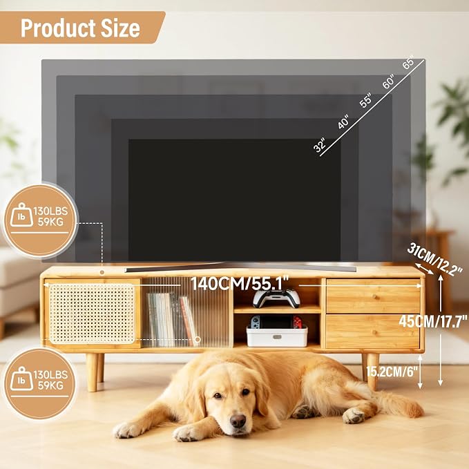 Tiita Rattan TV Stand for 55 60 Inch TV, Bamboo TV Cabinet with 2 Drawers, Boho Entertainment Center with Adjustable Shelf, Mid Century Modern Media Console for Bedroom, Living Room, Study - Image 2