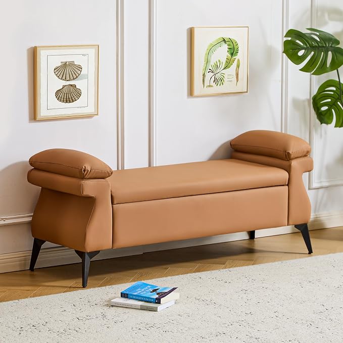 Furniliving 51” Storage Bench, End of Bed Bench with Armrest Cushion Large Upholstered Storage Ottoman Leather Window Bench with Storage Shoe Cabinet Bench, for Bedroom, Entryway, Brown - Image 3