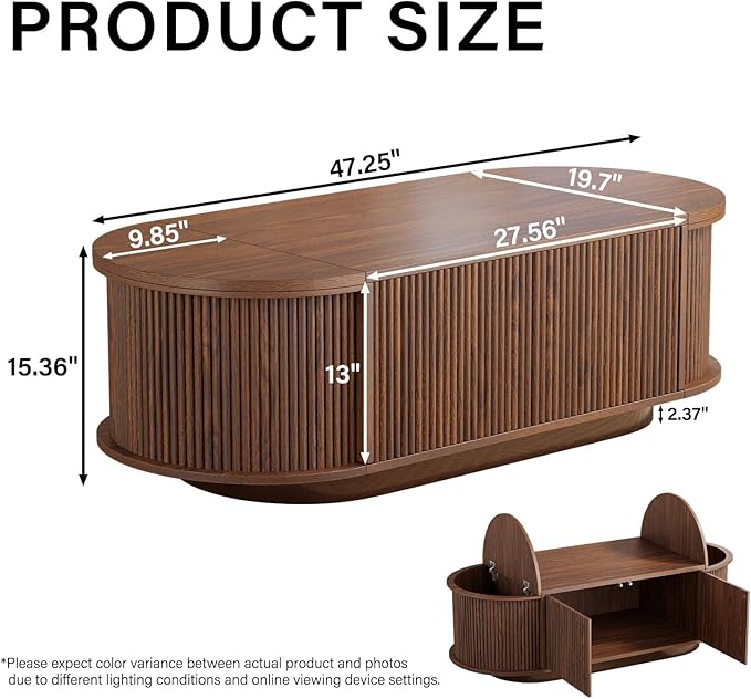 HSH Oval Coffee Table with Storage, 47” Modern Coffee Table with Press Type Door, Fluted Living Room Tables with 2 Flip-Top Hidden Lids, Wood Center Table for Living Room, Office, Walnut