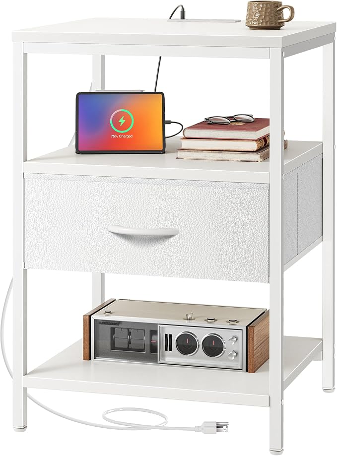 SUPERJARE Nightstand with Charging Station, White Night Stand with Adjustable Drawers, 17.7 Inches Wider Side Table for Bedroom, 3-Tier Storage End Table with Open Shelf, PU Leather Surface by SUPERJARE
