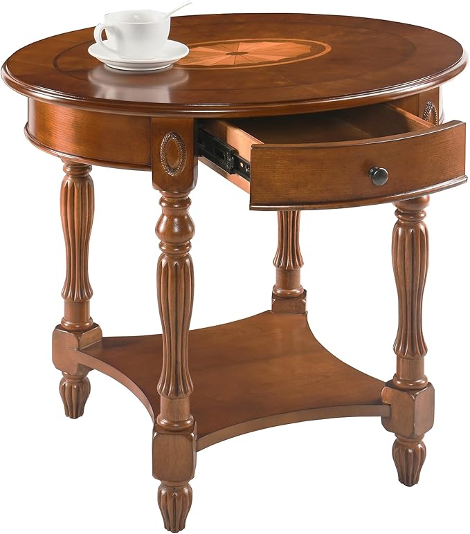 Solid Wood Oval End Table with Drawer and Shelf, 28" Traditional Vintage Side Table Polished Edging Sofa Table Bedside Nightstand for Living Room Bedroom, Beewax