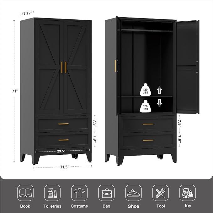 LCAOPC 71" Tall Metal Wardrobe Cabinet with 2 Drawers and Hanging Rod, 2 Doors Armoire Wardrobe Closet with Shelf for Bedroom, Office, Laundry Room, Black