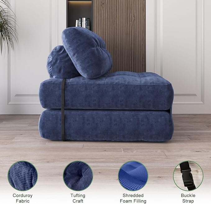 GarveeHome Folding Sofa Bed, Floor Folding Couch with Pillow, Futon Sofa Bed Convertible Sleeper Chair Foldable Mattress Back Support, Portable Fold Out Couch, Full, Corduroy, Dark Blue