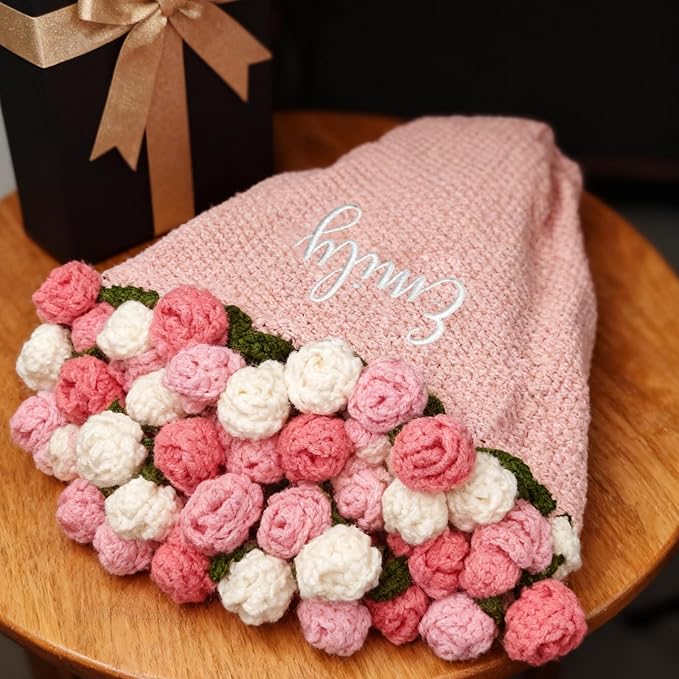 Personalized Handmade Crochet Rose Flower Blanket Bouquet – Custom Name Gift for Mother's Day, Valentine’s Day, Mom or Girlfriend（Pinkish White）