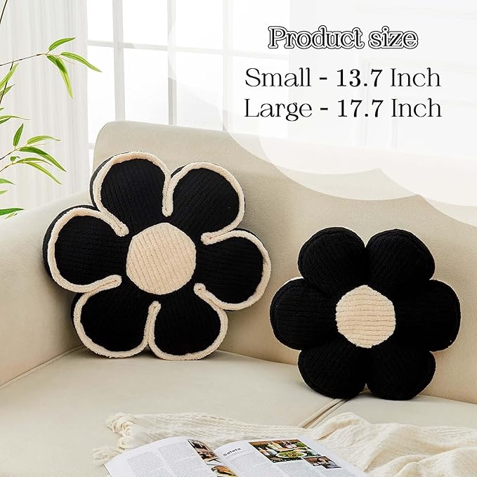 Kcvvcr Flower Pillow, Soft Flower Decorative Throw Pillow, Cute Daisy Flower Shaped Seating Floor Cushion Room D??cor Plush Pillows for Sofa Couch Bed (13.7 Inch, Black)