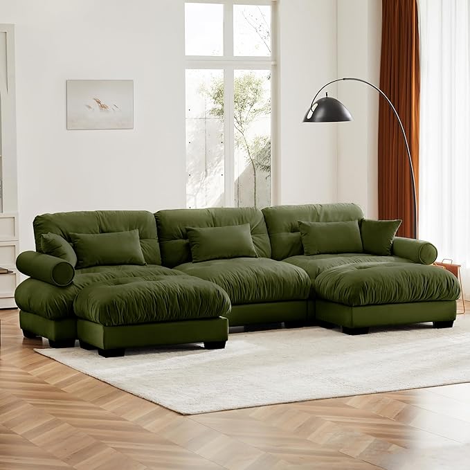 KEIKI 130" U-Shaped Oversized Velvet Modular Sectional Sofa with 2 Ottoman, High-Density Foam Cushions and Bolstered Armrests, Upholstered 3-Seater Cloud Couch with 5 Pillow, for Living Room, Green