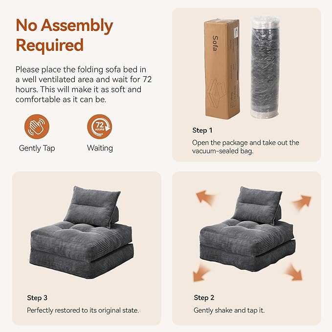 Folding Sofa Bed, Fold Out Chair Bed with Pillow, Convertible Sleeper Chair for Living Room Bedroom Guest Room Small Spaces, Comfy Corduroy Boneless Couch Bed, Grey, Single