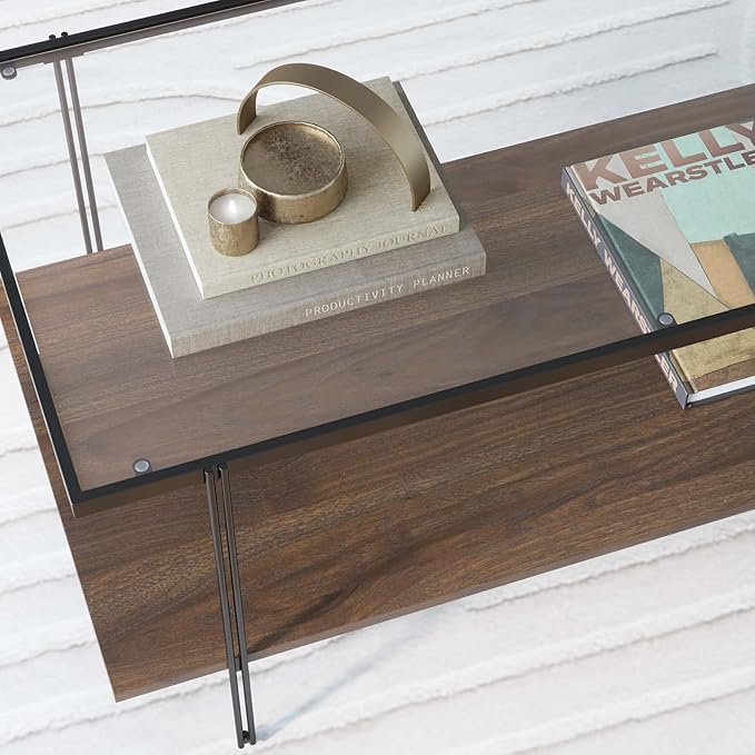Nathan James Asher Mid-Century Rectangle Coffee Table Glass Top and Wood Finish Storage Shelf with Metal Legs, Walnut/Black