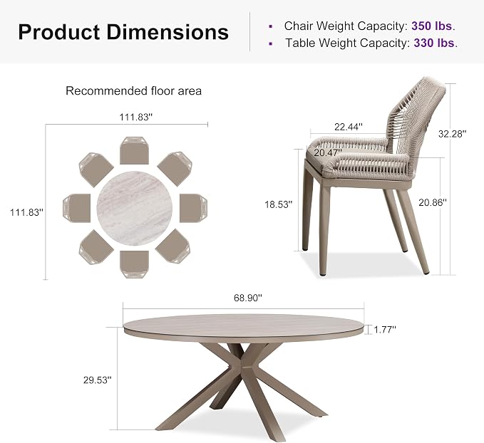 PURPLE LEAF 9 Pieces Round Dining Set Patio Aluminum Modern Round Table and Wicker Chairs with Cushions for Kitchen Backyard Garden Outdoor Furniture Sets, Champagne - Image 9