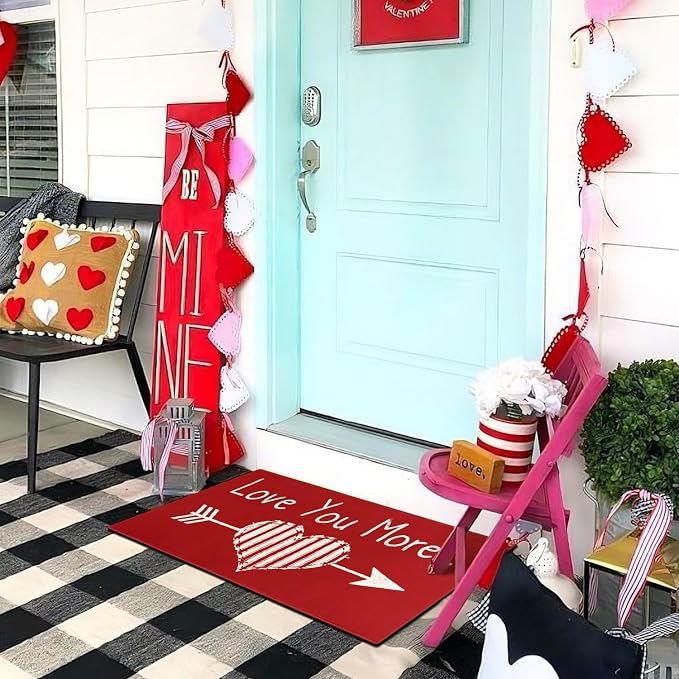 Faptoena Valentines Door Mat,Valentines Love You More Indoor Outdoor Non-Slip Valentine Doormat,Entryway Front Porch Valentine's Welcome Mat for Entrance Decor 30" x 17" - Image 2