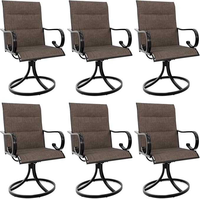 MELLCOM Swivel Outdoor Chairs Set of 6, High Back Padded Textilene Patio Dining Chairs with Metal Frame, All-Weather Outdoor Furniture Rocker, Brown by MELLCOM