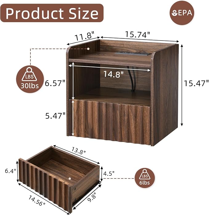 BuildHom Modern Fluted Floating Nightstand Wall Mounted Set of 2- Bedside Table with Storage Drawer & Display Shelf, Minimalist Bedroom Furniture for Studio Apartments (Walnut) - Image 2