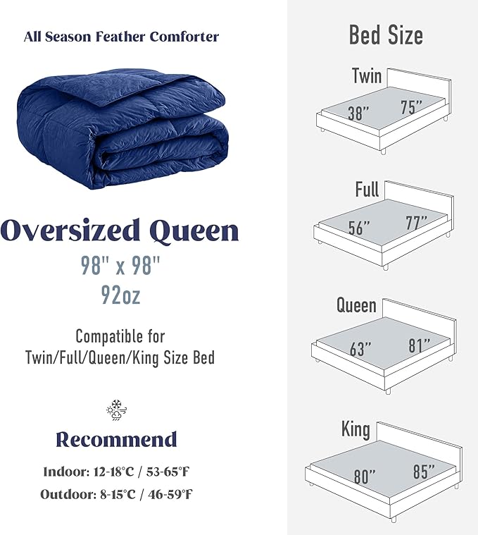 DAICO Goose Feather Down Comforter Oversized Queen Size, All Season Luxury Hotel Fluffy Duvet Insert, Ultra Soft 100% Cotton Shell with 8 Corner Tabs, Paisley Design (98x98'', Navy Blue)