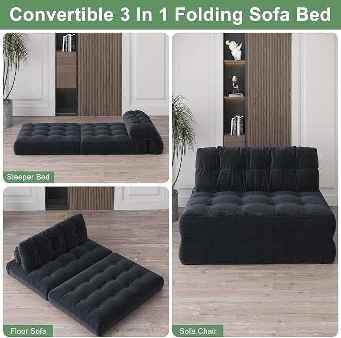GarveeHome Folding Sofa Bed, Floor Folding Couch with Pillow, Futon Sofa Bed Convertible Sleeper Chair Foldable Mattress Back Support, Portable Fold Out Couch, Full, Corduroy, Black