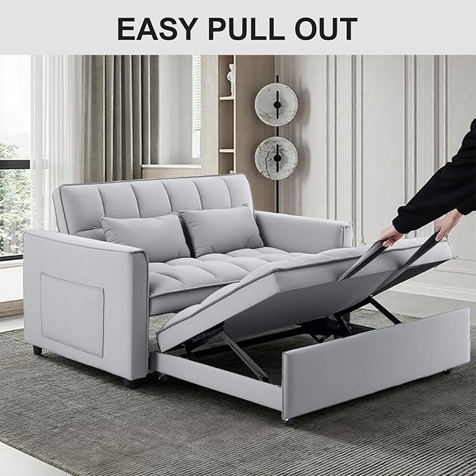 3-in-1 Sofa Bed, 52.75" Pull-Out Sleeper Sofa Bed with 3-Level Adjustable Backrest, Velvet Fabric Loveseat Sleeper Couch for Living Room & Bedroom & Apartment & Dorm Furniture, Light Grey