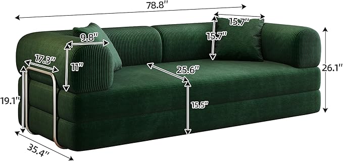 Ball & Cast 78.8" Compressed Modular Sofa Bed, No-Assembly Convertible Floor Futon Couch with Pillow Backrest & Armrest Support, Boneless Corduroy Sleeper Sofa for Living Room & Bedroom, Green