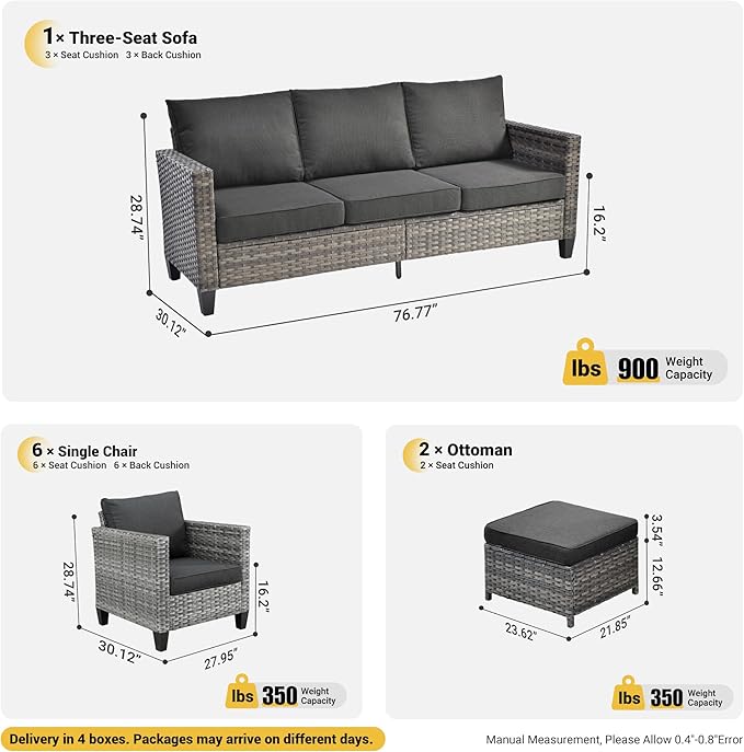 ovios Patio Furniture Set, 9 Pieces Outdoor Wicker Sofa Couch with 6 Chairs, Ottomans and Comfy Cushions, All Weather High Back Rattan Conversation Set, Black