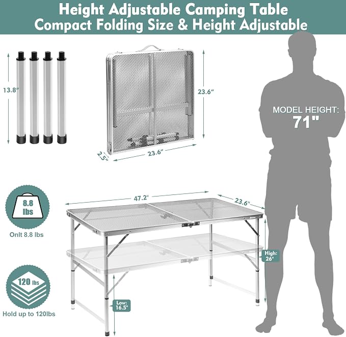 E EASTSTORM Folding Table, Easy for Storage, Compact and Portable Picnic Table for Grill, Outdoor Camping, Garden, Patio, Dining, BBQ, Party, Market, 4Ft (Large, Silver) - Image 3