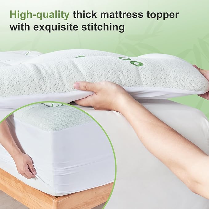 Queen Size Mattress Topper Viscose Derived from Bamboo, Soft Thick Pillow Top Mattress Pad Cover for Back Pain, Cooling Mattress Protector with 8-21 Inch Deep Pocket, White