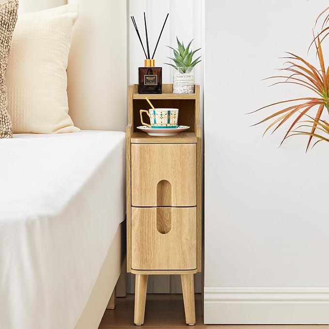 Small Nightstand Set of 2, Wood 2 Drawer Narrow Nightstand, Slim Side Table, Modern Skinny End Bedside Table, Natural Wood Night Stand with Drawers for Bedroom (Natural-2 pcs) - Image 8