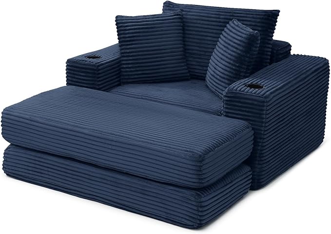 Eafurn 52.4" Oversized Chaise Lounge Indoor with Foldable Ottoman Convertible Boneless Sleeper Sofa Bed, Deep Seat Lounge Chair with Cup Holder & Side Pocket, No Assembly for Living Room | Breathable material, Cupholders