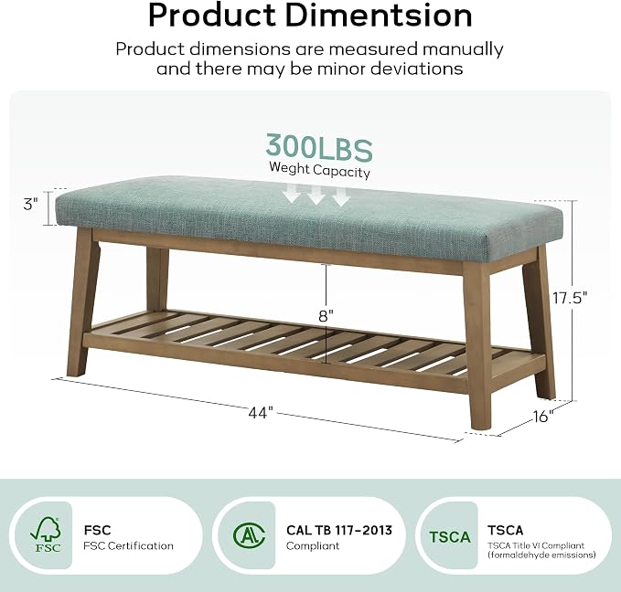 Entryway Bench with Cushion, Upholstered Shoe Rack Bench with Solid Wood Shelf, 44" End of Bed Bench for Bedroom, Chenille Fabric Storage Bench for Entryway, Hallway, Living Room (Teal) - Image 2