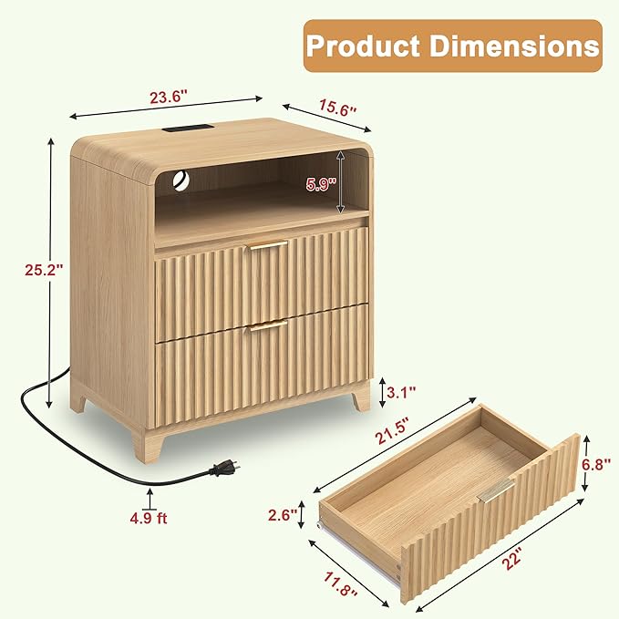 3 Piece Bedroom Furniture Set 7 Drawer Fluted Dresser & 2 Nightstand Sets with Metal Handle, Charging Station & Storage Cabinet, Modern Design for Bedroom/Living Room, Natural