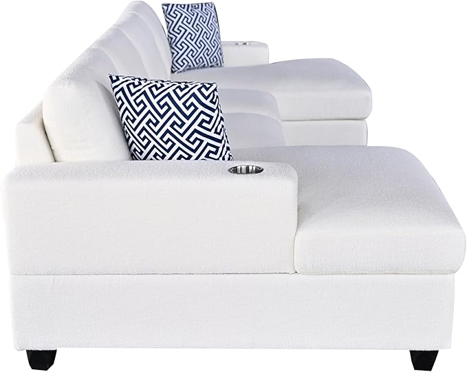 124-Inch Symmetrical Sectional Couch Wool Cloud Cushion Upholstered Sofas, U- Shaped Modular Sectional Sofa with Cup Holders and 2 Chaise Lounges for Living Room