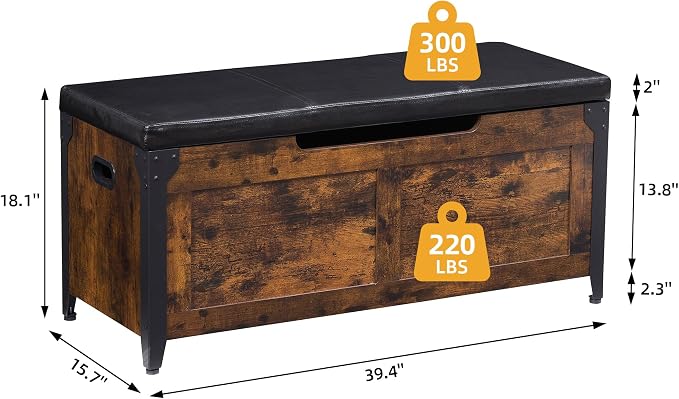 GAOMON Storage Chest, Wooden Storage Trunk with Metal Frame, Entryway Shoes Bench with Cushion, Large Storage Organizer, 39.4" Lift-Top Storage Chest with 2 Hinges for Bedroom, Living room - Image 2
