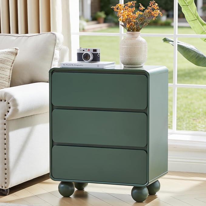 AVZEAR Wooden Night Stand wth 3 Drawer Dresser Mid Century Modern End Table Chest of Drawers, Solid Wood Legs & Curved Profile Design, Farmhouse Side Table for Living Room, Green - Image 6