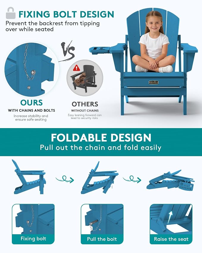 SERWALL Folding Adirondack Chair with 4 in 1 Multi-Functional Cup Holder, Wood Texture Adirondack Chairs for Patio Garden Outdoors, All-Weather Plastic Fire Pit Chairs - Sapphire - Image 4