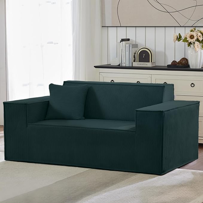 Corduroy Cloud Couch with Pillow, Premium Memory Foam, No Assembly Required, Deep Seat Sofa in Box, Space-Saving Chair for Home, Living Room, Bedroom, Apartment, Office, Loveseat, Dark Green