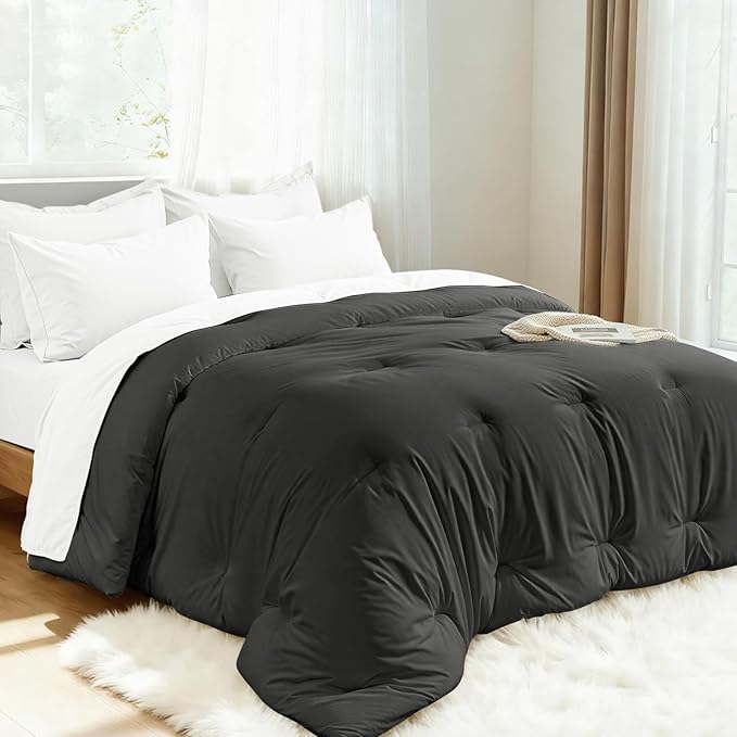 Comforters Oversized Queen Size, All Season Quilted Bed Comforter, Ultra-Soft Down Alternative Duvet Insert with 4 Tabs, Lightweight Bedding Blanket - Machine Washable, Dark Gray