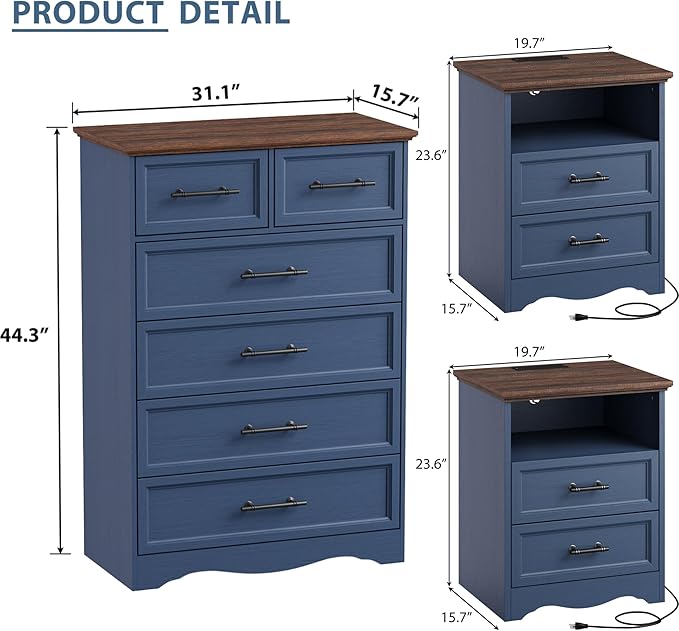 Bedroom Set, 3 Pieces Bedroom Furniture Set, Wood 6 Drawer Dresser and Nightstands with Charging Station, Farmhouse Storage Organizer Cabinet for Bedroom, Blue
