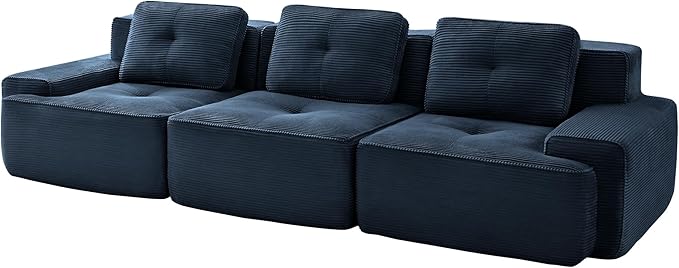 Casaphoria 115'' Blue Corduroy Sofa, Boneless Sectional Couch with 3 Pillows for Modern Living Room, Deep Seat Sofa No Assembly Modular Cloud Couch