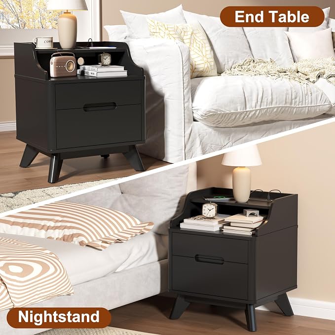Night Stand with Charging Station, 21" Nightstand with Drawer/Open Shelves, Modern Nightstand w/2 Storage Drawers for Bedroom, Wood Bed Side Table End Table Bedside Table for Dorm, Home Office (Black) - Image 7