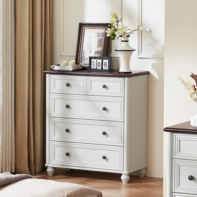 RWYHG Farmhouse 5 Drawer Dresser for Bedroom, 35.5" Tall Small Dressers & Chest of Drawers, Rustic Wood Dresser with Roman Column, Storage Organizer for Living Room, Hallway, Closet (White) - Image 3