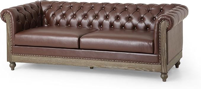 Merax Upholstered PU Chesterfield 3 Seat Sofa, Classic Retro Style Leather Couch Rolled Arm for Living Room Bedroom Office, Dark Brown