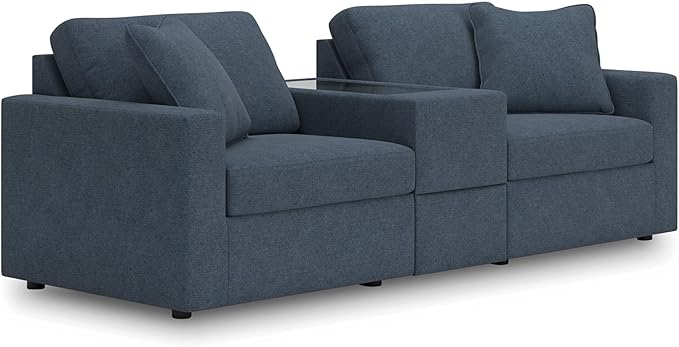 Signature Design by Ashley Modmax Contemporary Modular Stain Resistant 3-Piece Sectional with Storage Console, Drawer and 2 Accent Pillows, Blue