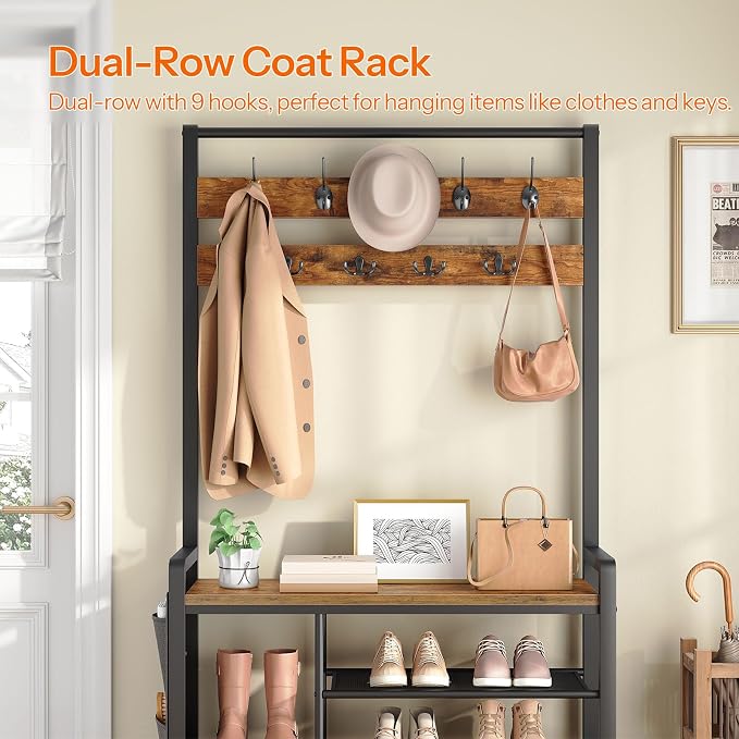 HOOBRO Hall Tree with Bench, Shoe Rack with Coat Rack, 39.4" Coat Rack with Shoe Storage, 5 Tier Shoe Storage Organizer, Oxford Fabric Side Pockets, Coat and Shoe Rack Entryway, Rustic Brown BF46MT01 - Image 7