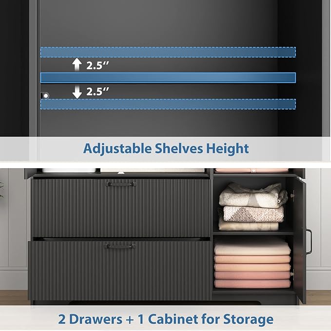 3 Doors Armoire Wardrobe Closet with Mirror Door,Fluted Black Storage Cabinet for Hanging Clothes,Bedroom Large Capacity Freestanding Armoire with Hanging Rod, Adjustable Shelves,and Hooks